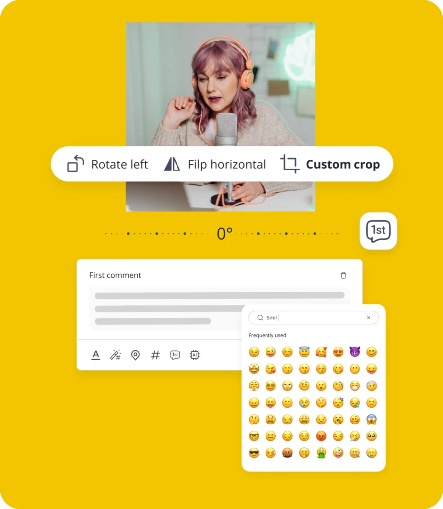 SocialBee features - first facebook comment, video thumbnails and emoji board