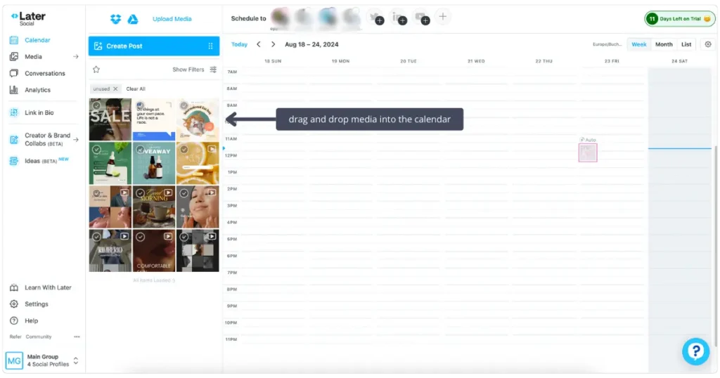 Later side media library within the content calendar