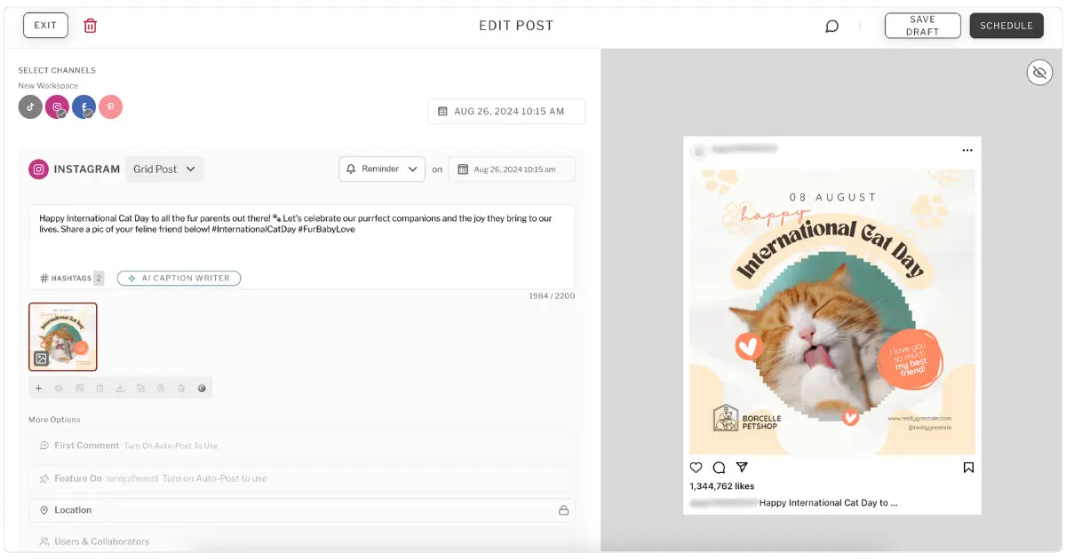Screenshot of Planoly's post editor showing a scheduled Instagram grid post for International Cat Day. The interface includes post caption, image preview, selected channels, hashtags, and scheduling options.