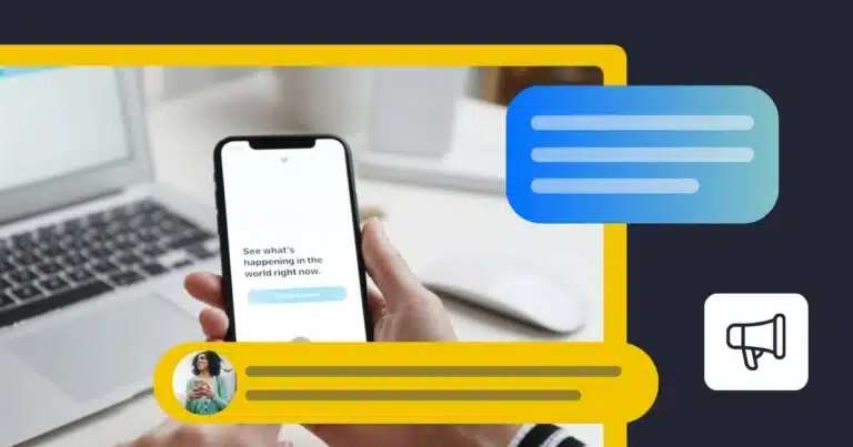 Person holding a smartphone displaying Twitter’s “See what’s happening in the world right now” login screen, with a laptop and mouse on the desk in the background. Graphic elements around the photo highlight social media monitoring and conversation bubbles.