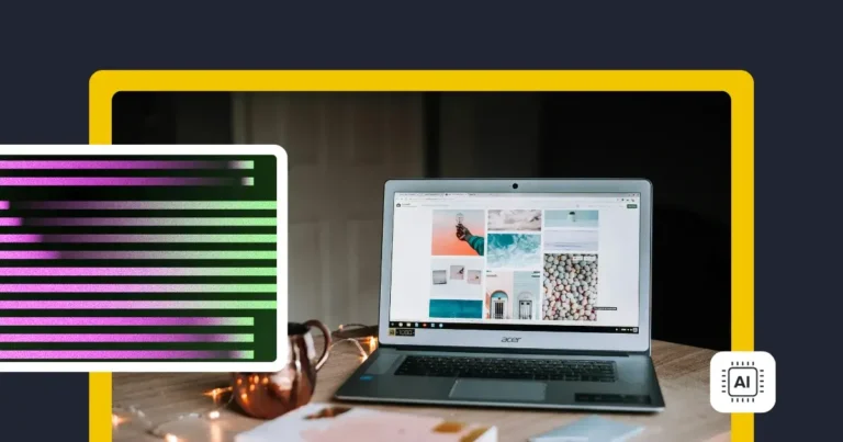 Laptop on a desk displaying a grid of visual content (photos and design tiles), framed by graphic elements and an AI chip icon, representing AI-powered social media management or content creation tools.