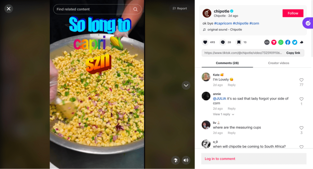 Screenshot of a Tiktok video posted by Chipotle, showcasing a funny video