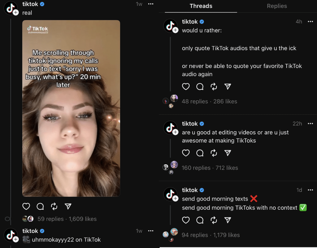 Screenshot from Threads; showcasing different posts from Tiktok's business account