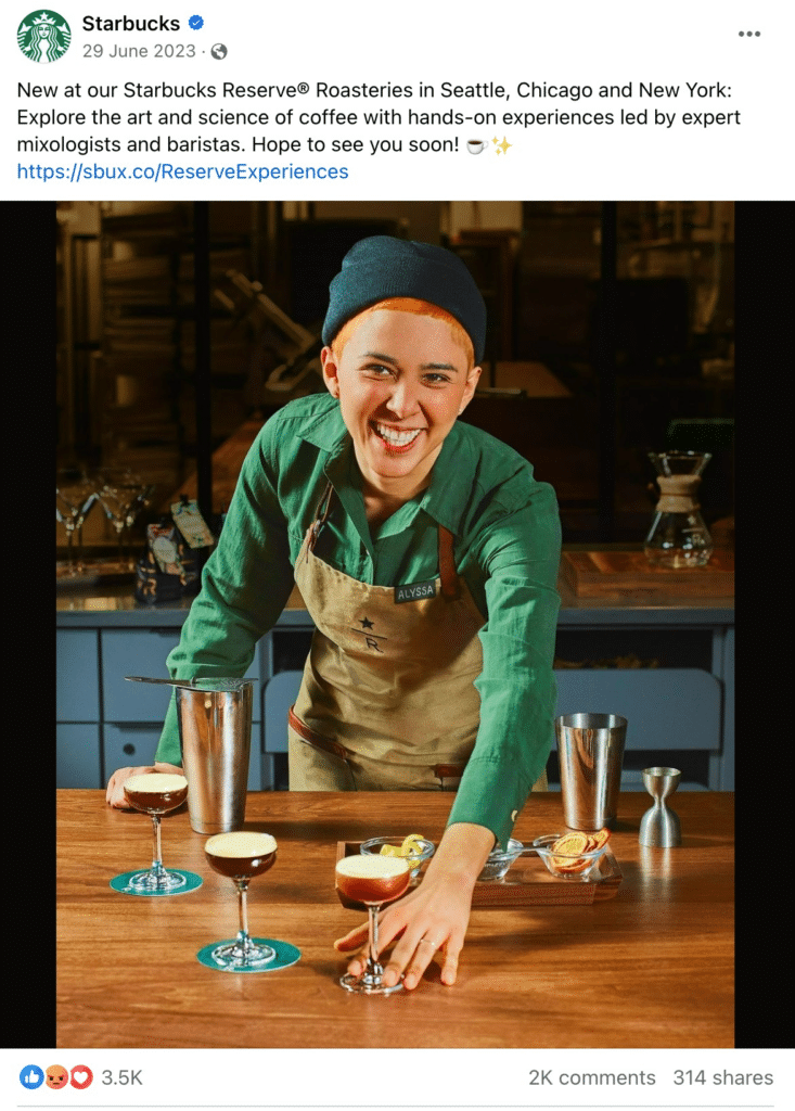 Screenshot of a Starbucks Facebook post, showcasing a barista preparing drinks