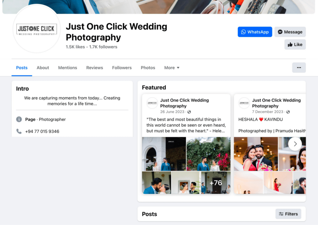 screenshot of Just One Click Wedding Photography facebook account
