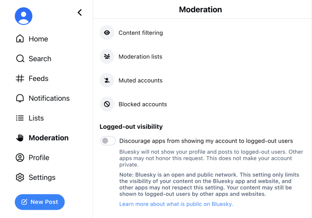screenshot of bluesky moderation settings tab