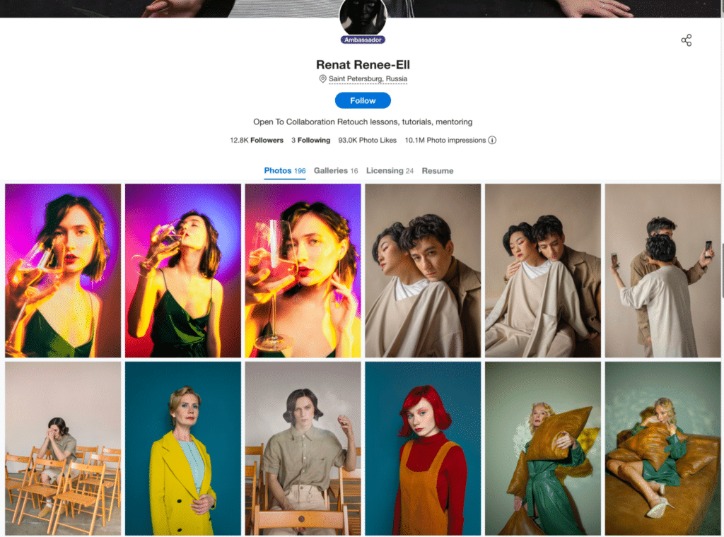 screenshot Renat Renee-Ell 500px account showcasing colorful portraits