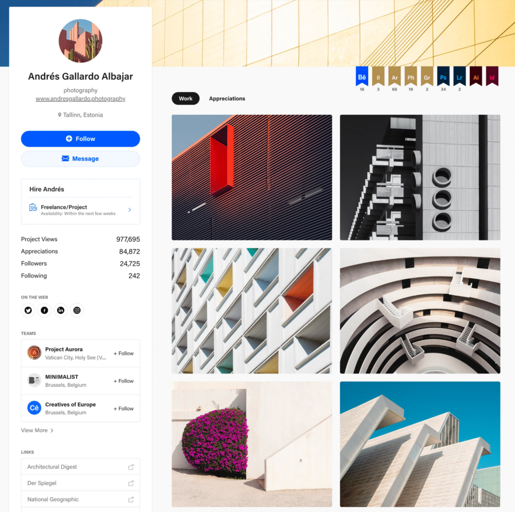 screenshot of Andrés Gallardo Albajar behance account showcasing building pictures