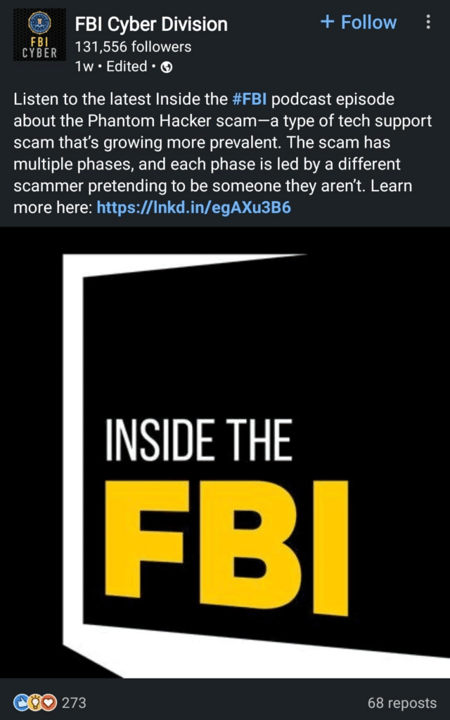 Government Agency FBI Cyber Department Social Media Post