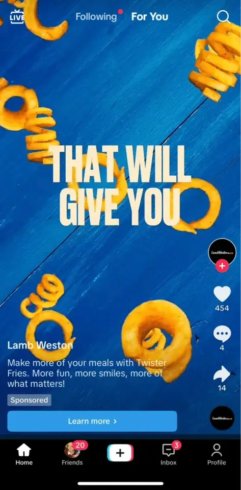 lamb weston tiktok brand takeover ad