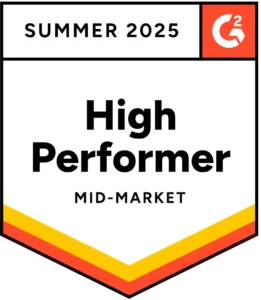 SocialBee High Performer Mid-Market G2 badge for summer 2025