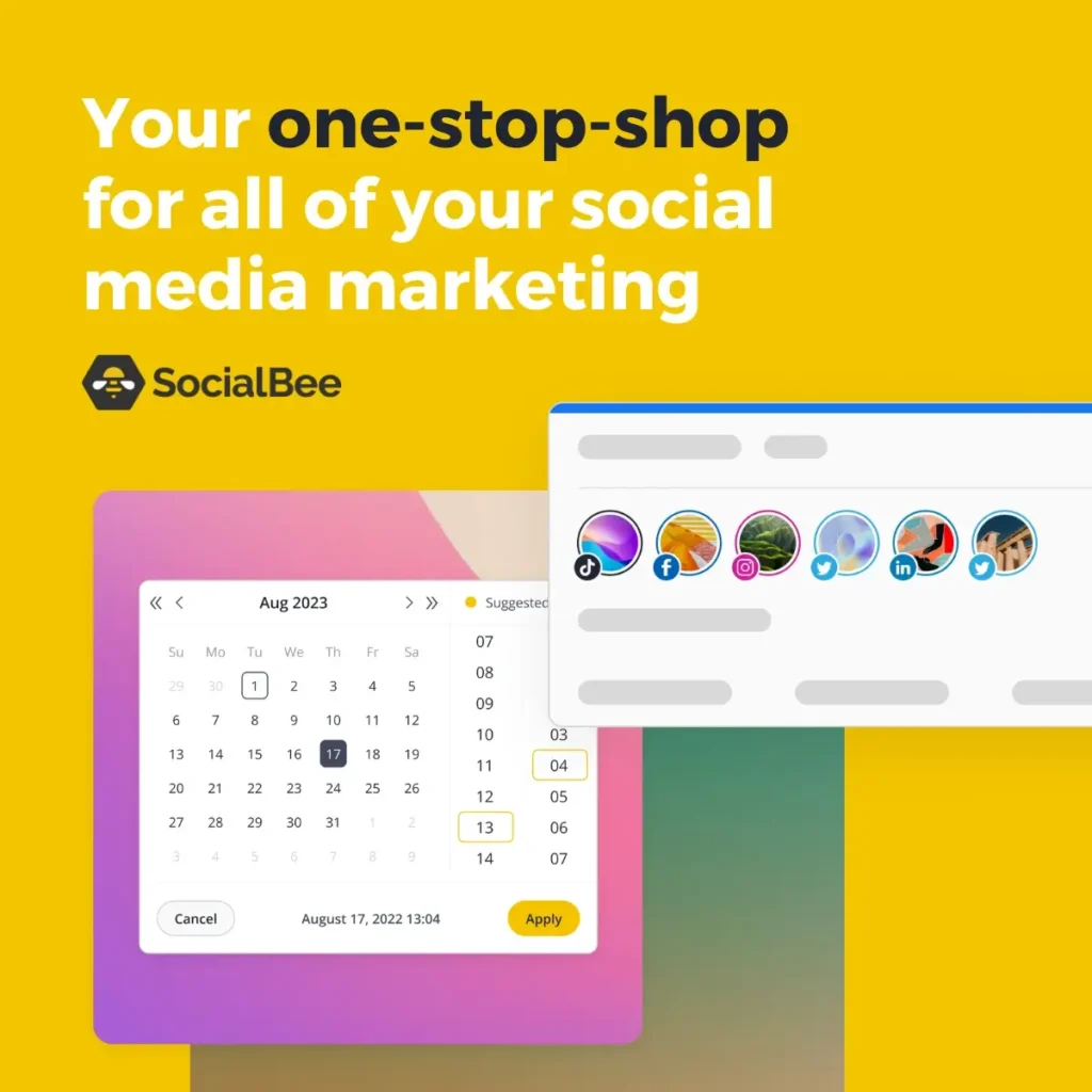 SocialBee interface showing calendar and scheduling tools for managing social media content.