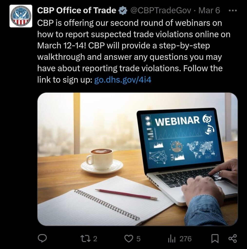 CBP Office of Trade Twitter Post