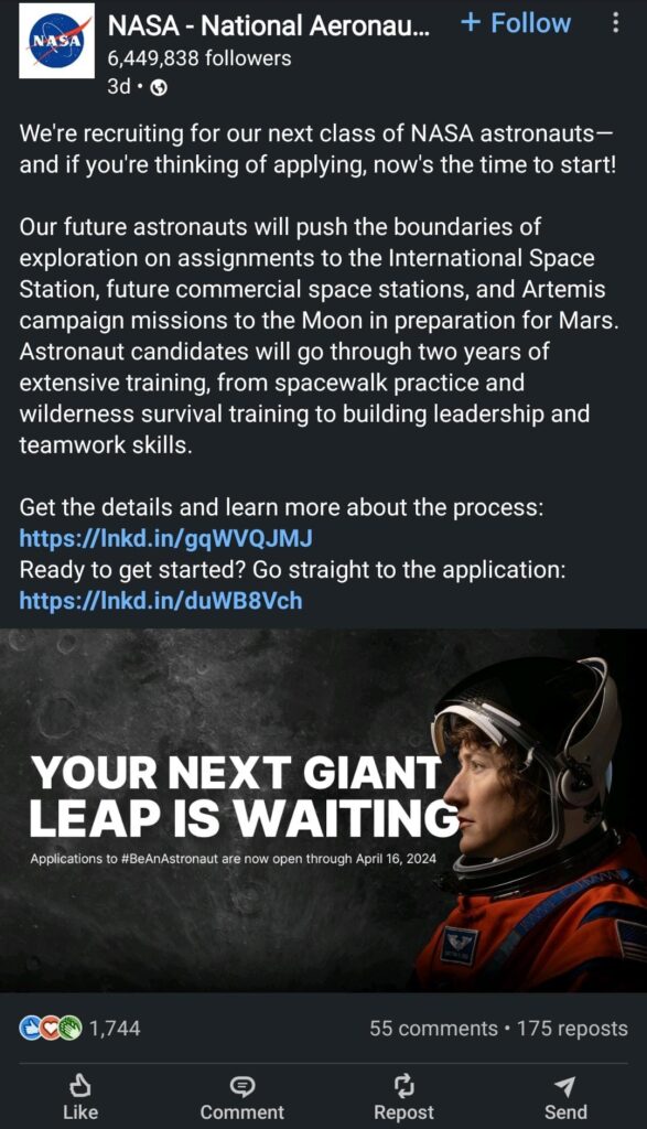 NASA LinkedIn Career Post