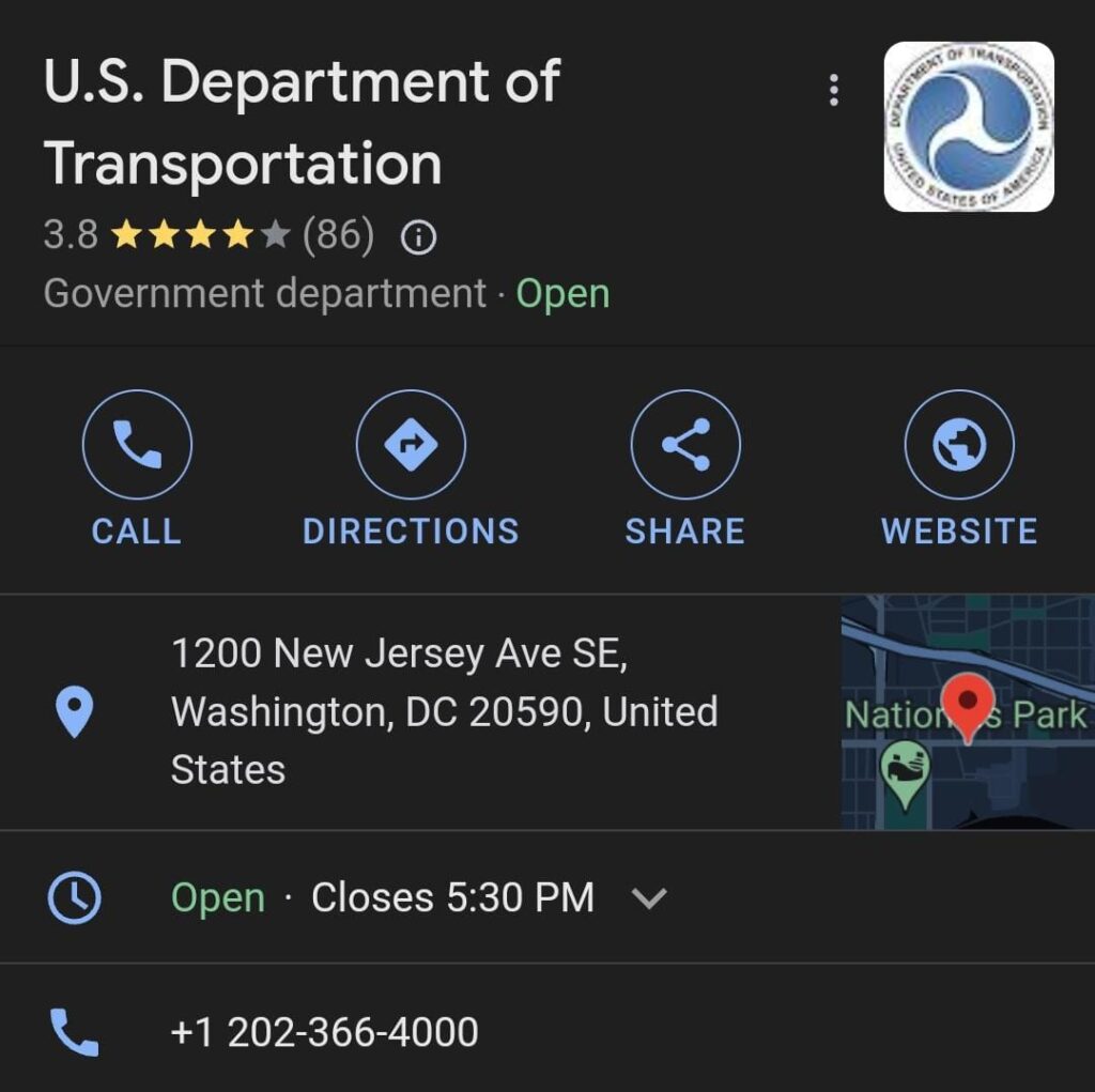 US Department of Transportation Google Business Profile