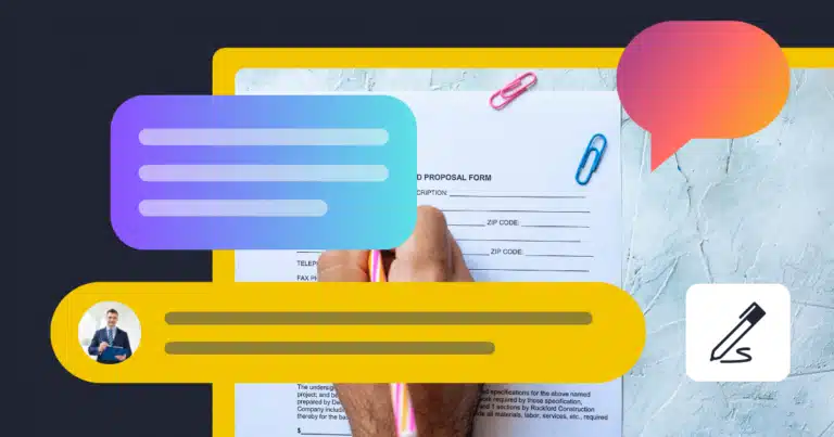 Illustration representing social media management proposals. A hand fills out a proposal form on a desk while colorful chat bubbles, a user profile icon, and a comment bar are layered over the document to symbolize client communication and feedback. A pencil icon appears on the right, and the composition is framed by a bold yellow border against a dark blue background, emphasizing planning, collaboration, and content management.