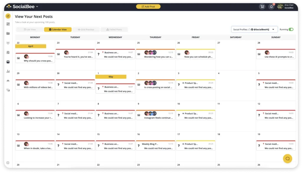 SocialBee next posts calendar view