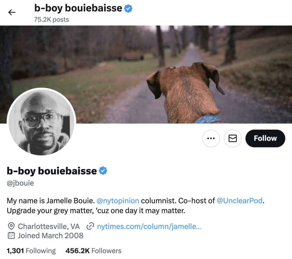 X (Twiitter) bio example Louie Boubass