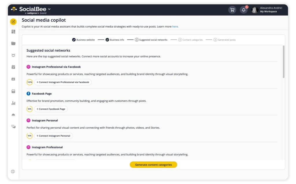 SocialBee’s Social Media Copilot interface showing the “Suggested social networks” step. It lists Instagram Professional via Facebook, Facebook Page, Instagram Personal, and Instagram Professional as options to connect, with a yellow “Generate content categories” button at the bottom.
