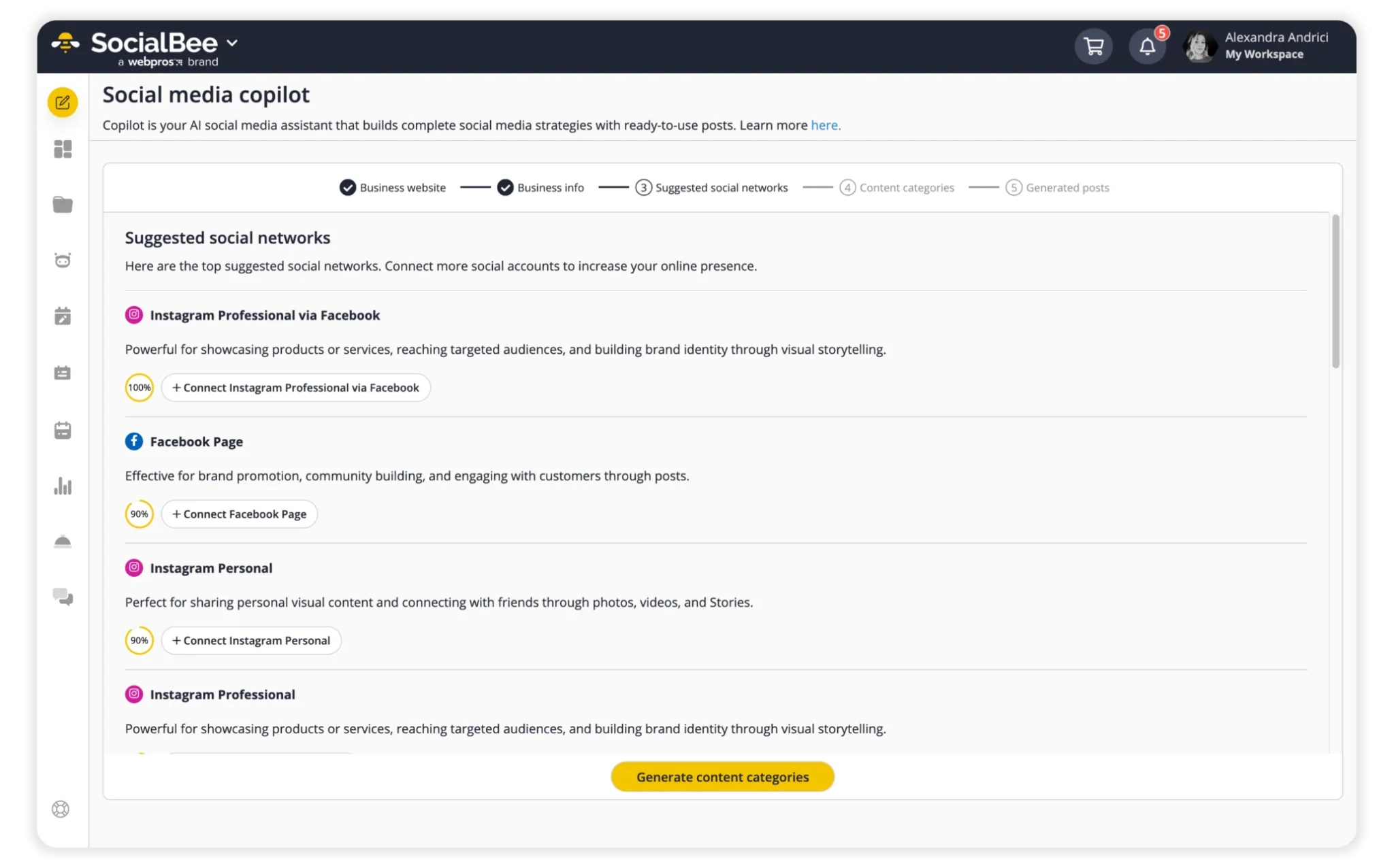 SocialBee’s Social Media Copilot interface showing the “Suggested social networks” step. It lists Instagram Professional via Facebook, Facebook Page, Instagram Personal, and Instagram Professional as options to connect, with a yellow “Generate content categories” button at the bottom.