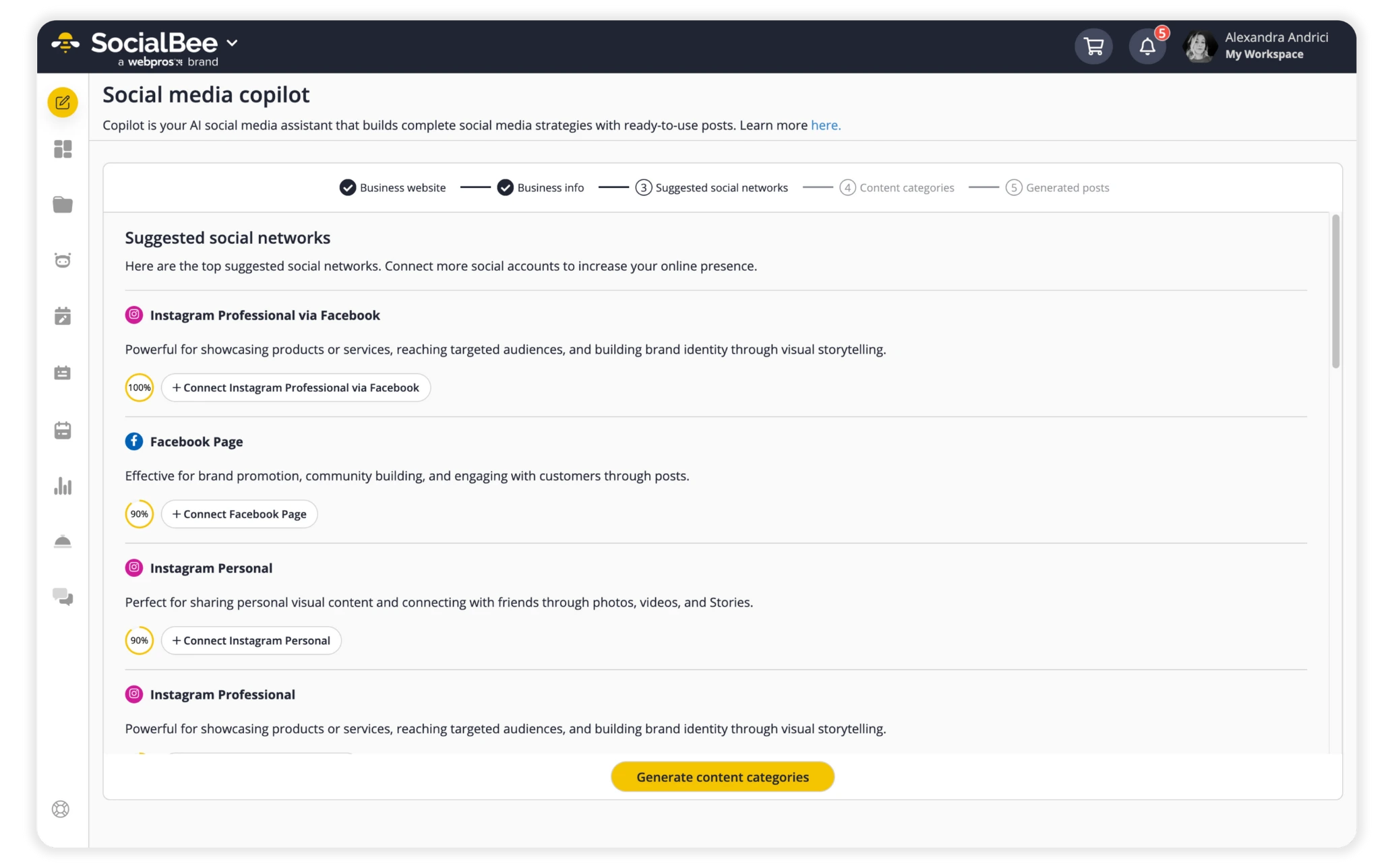 SocialBee’s Social Media Copilot interface showing the “Suggested social networks” step. It lists Instagram Professional via Facebook, Facebook Page, Instagram Personal, and Instagram Professional as options to connect, with a yellow “Generate content categories” button at the bottom.