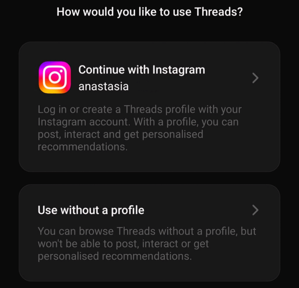 Creating an account on Instagram Threads