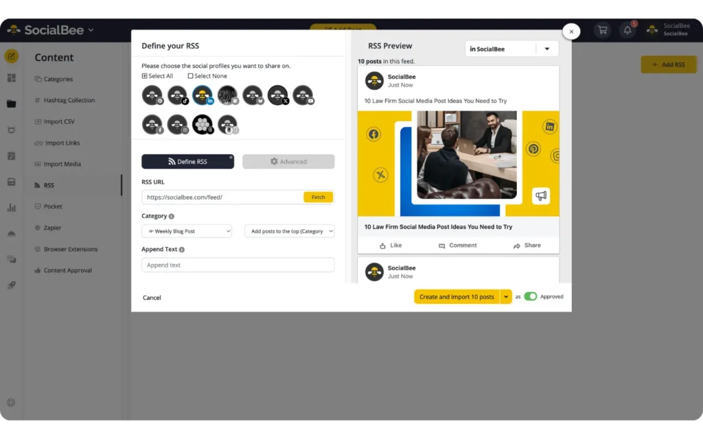 SocialBee RSS feed feature