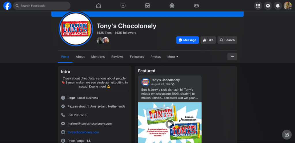 tony's chocolonely facebook page