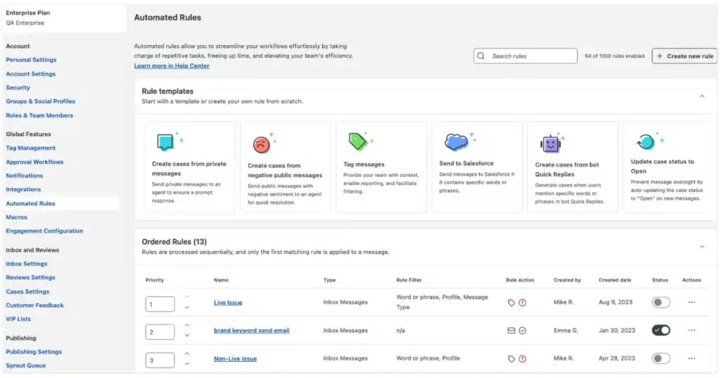 sprout social automated rules