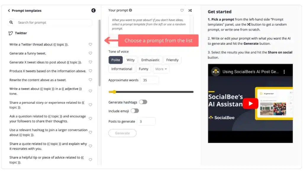 SocialBee AI post generator for Twitter