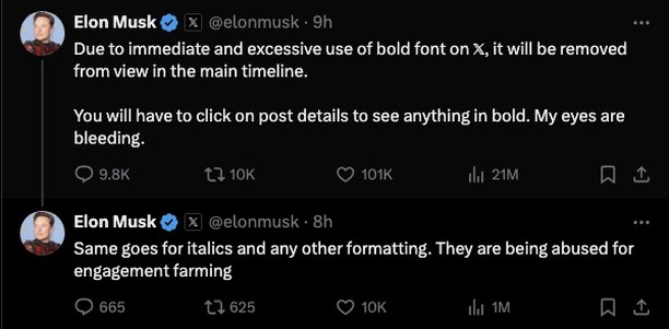 elon musk tweeting about the removal of tweet formating