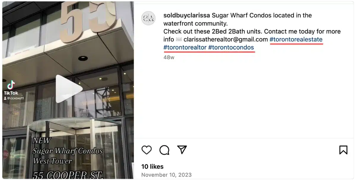 TikTok video repost on Instagram from @soldbuyclarissa showcasing Sugar Wharf Condos West Tower, with details and contact info in the caption as well as three location hashtags mentioning Toronto