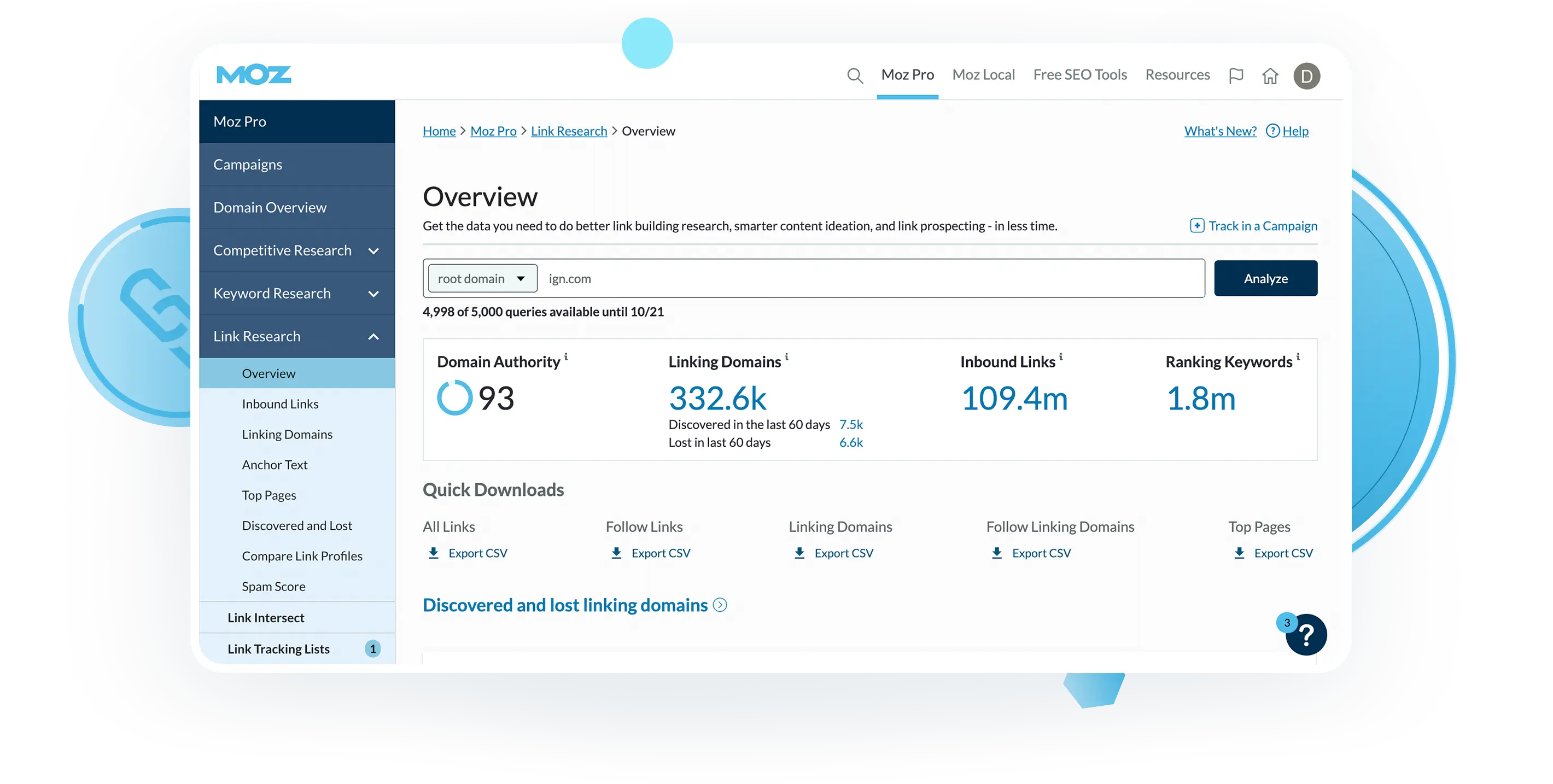 Moz Pro Link Research overview dashboard showing backlink metrics for a root domain, including Domain Authority score, number of linking domains, total inbound links, and ranking keywords, with link analysis options in the left sidebar.