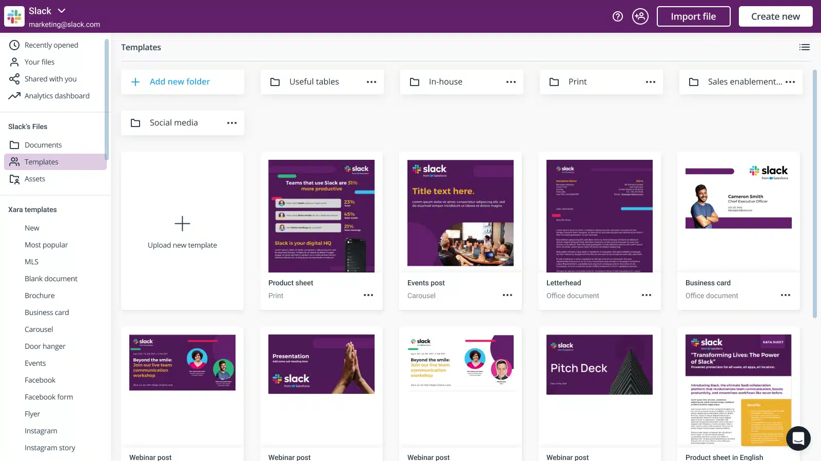 Xara templates dashboard in Slack showing a template library with folders (Social media, Useful tables, In-house, Print) and design thumbnails for product sheets, event posts, letterhead, business cards, and webinar posts.