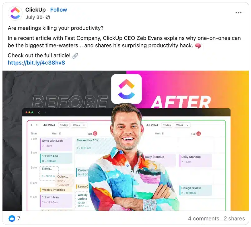 ClickUp facebook post example