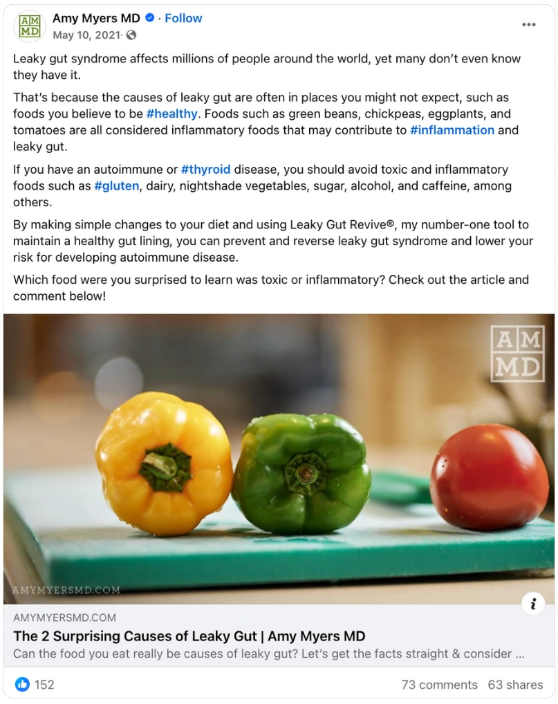 Facebook post by Amy Myers MD discussing surprising causes of leaky gut, featuring colorful vegetables on a cutting board.