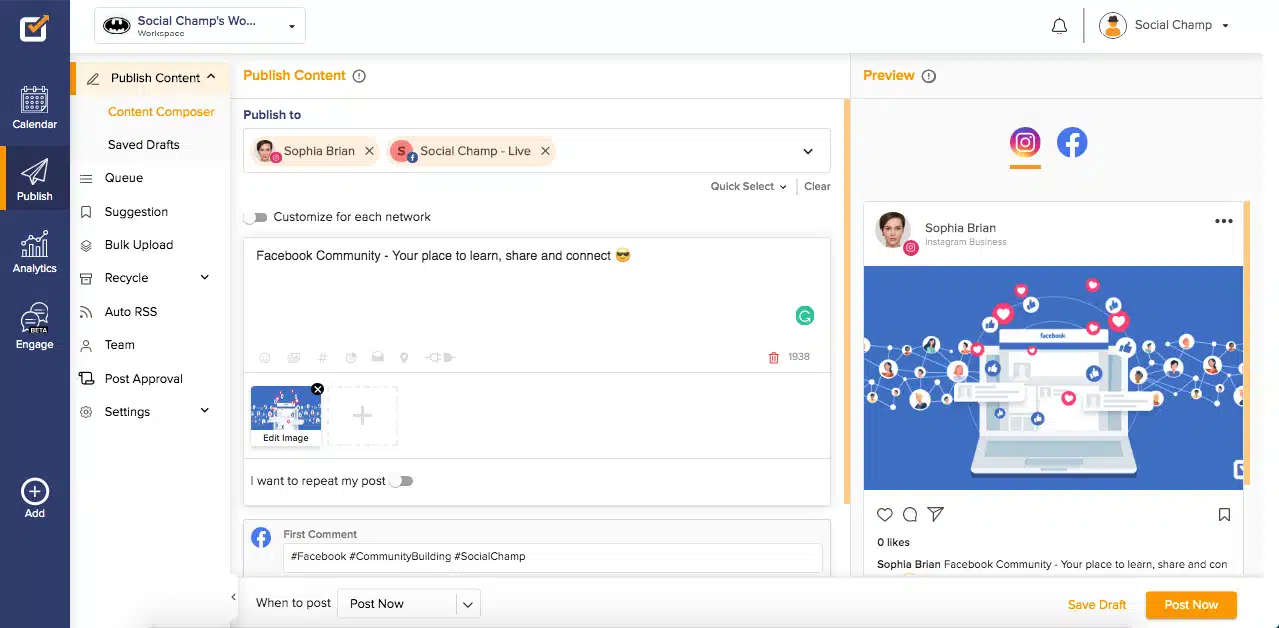 Social Champ dashboard showing a post being composed for Facebook and Instagram, with preview on the right and options to edit image, repeat post, and schedule publishing.