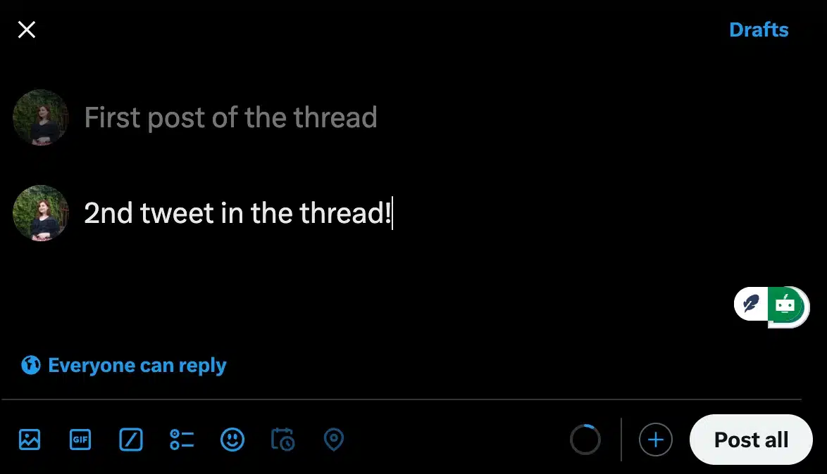 Second post in a Twitter thread saying "2nd tweet in the thread!", with the tweet above in the thread saying "First post in the thread," the tweet set to "Everyone can reply."