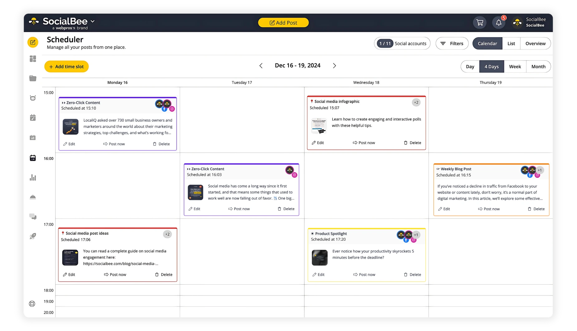 SocialBee’s content scheduler showing a four-day calendar view with scheduled social media posts, including blog articles, infographics, product spotlights, and zero-click content across multiple platforms for the week of December 16-19, 2024.