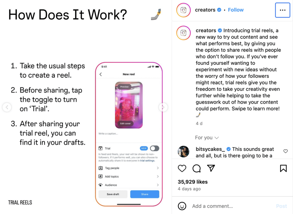 Trial reels on Instagram