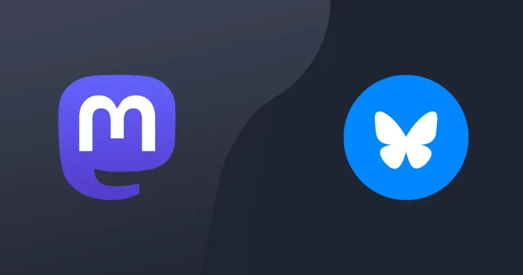 Mastodon and Bluesky logos displayed side by side on a dark background, representing a comparison between the two social media platforms.