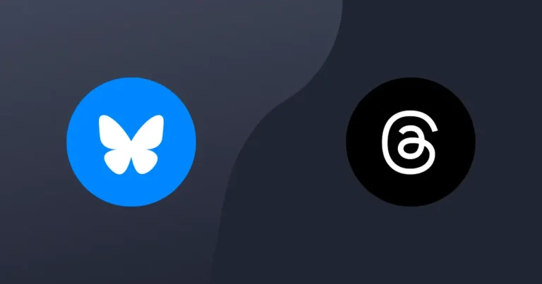 Bluesky and Threads logos displayed side by side on a dark blue background.
