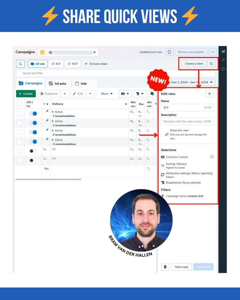 how to share quick views in Meta ads reporting