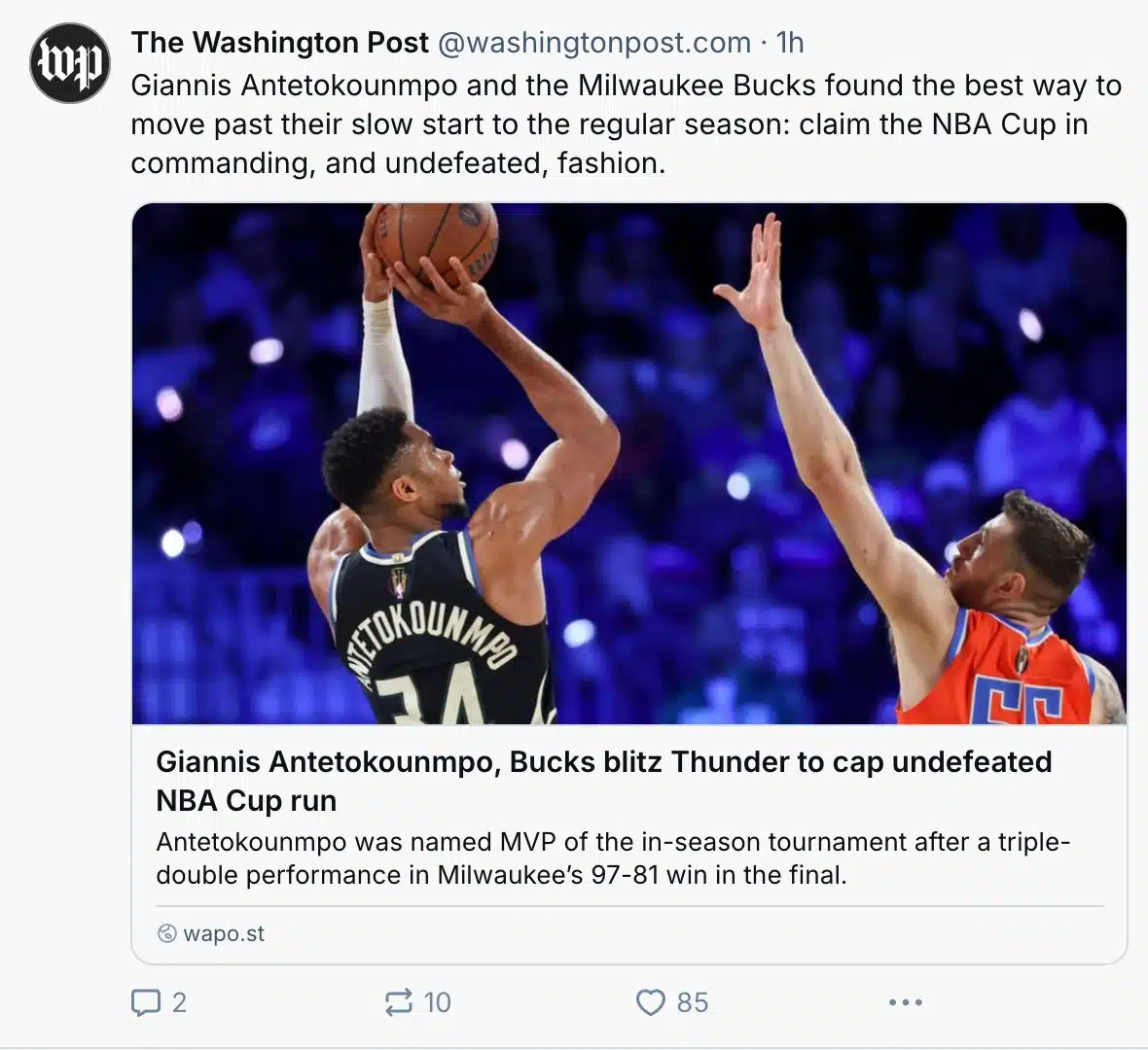 Post from The Washington Post on Bluesky showing a repost of an article about basketball player Giannis Antetokounmpo and the Miwaukee Bucks moving past their slow season start, with a short article summary as the post caption.