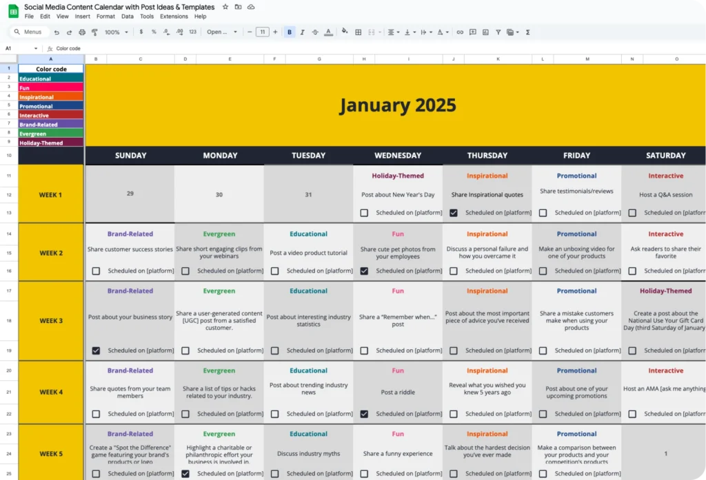 Plantilla de calendario de redes sociales SocialBee