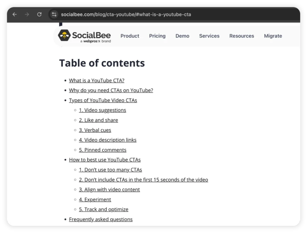 SocialBee table of contents