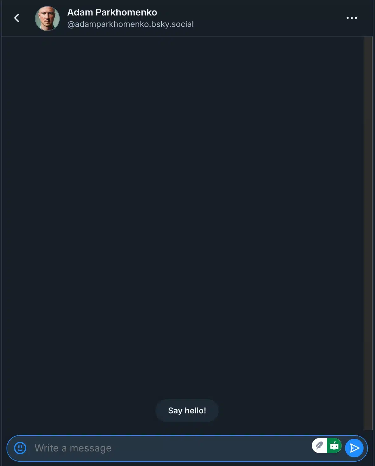 A dark-mode Bluesky direct-message screen for Adam Parkhomenko. The conversation area is empty except for a “Say hello!” prompt near the bottom. At the bottom is a message field labeled “Write a message,” with emoji, attachment/creation controls, and a blue send button.