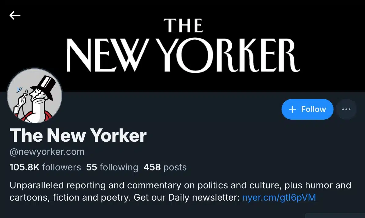 The New Yorker’s Bluesky profile showing its custom domain handle @newyorker.com, profile description, 105.8K followers, 55 following, and 458 posts.