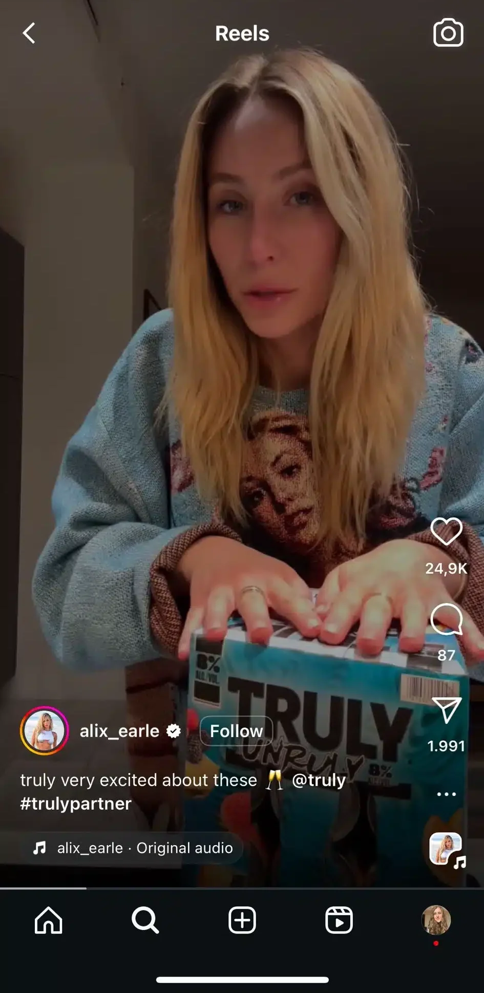 Alix Earle paid promotion of Truly drinks on Reels feed