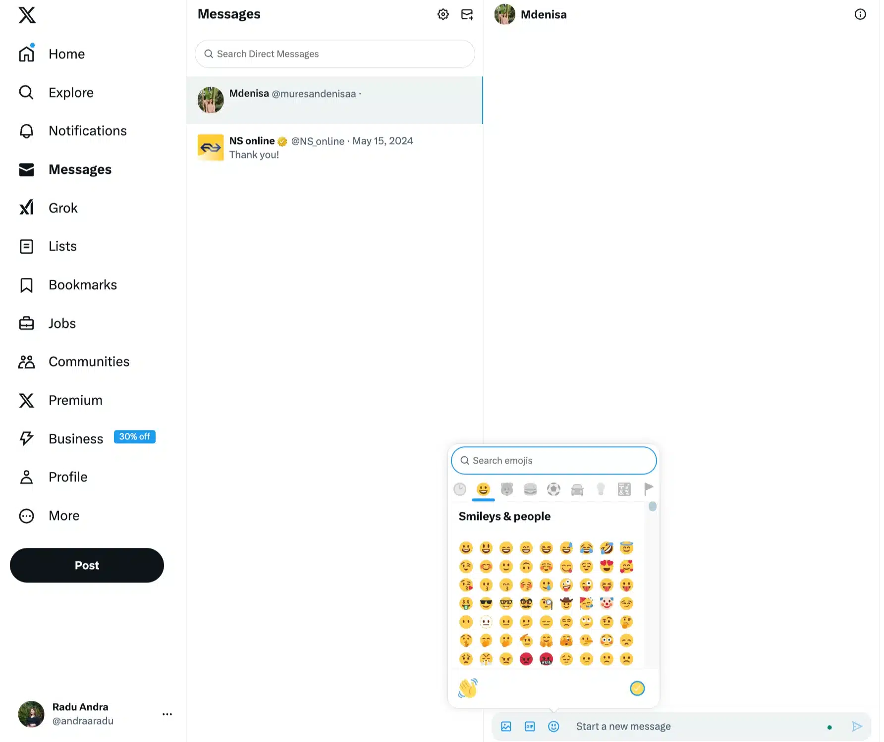 X Messages tab showcasing the emoji bar in an empty conversation with X account @muresandenisaa, with a conversation below with @NS_online